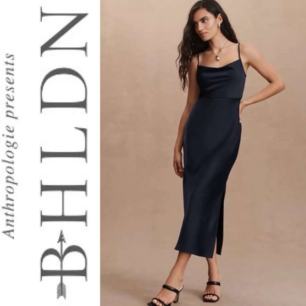 BHLDN Cali Satin Cowl-Neck Dark Blue Midi Slip Dress